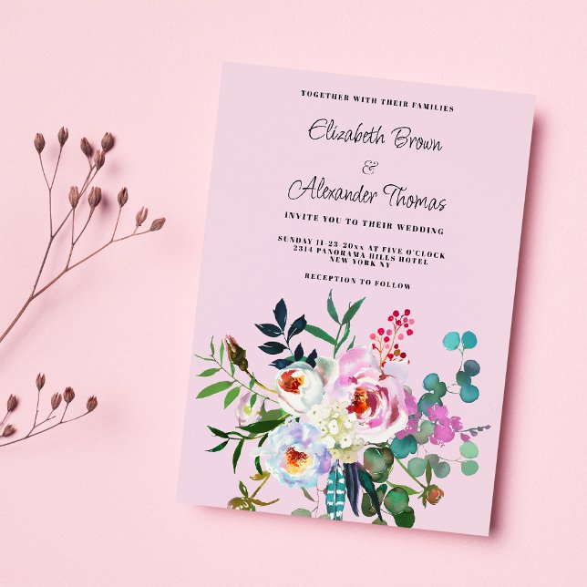 Boho pink white mint green peony floral wedding invitation (Boho pink white mint green peony floral wedding)