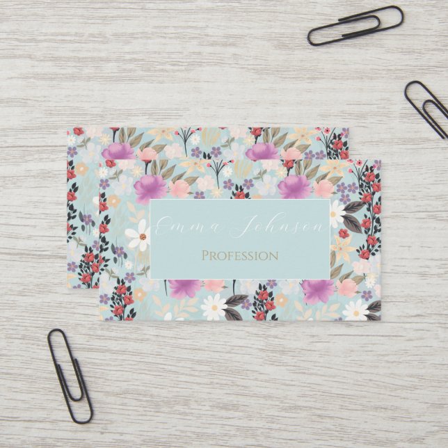 Boho Pink Wildflowers Floral Skylight Painting Business Card (Front/Back In Situ)