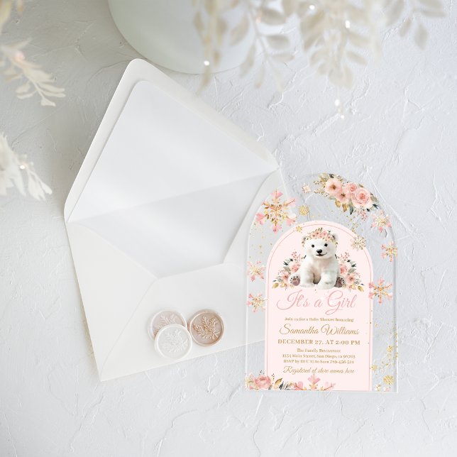 Boho Pink Winter Bear Its a Girl Baby Shower Acrylic Invitations (Creator Uploaded)