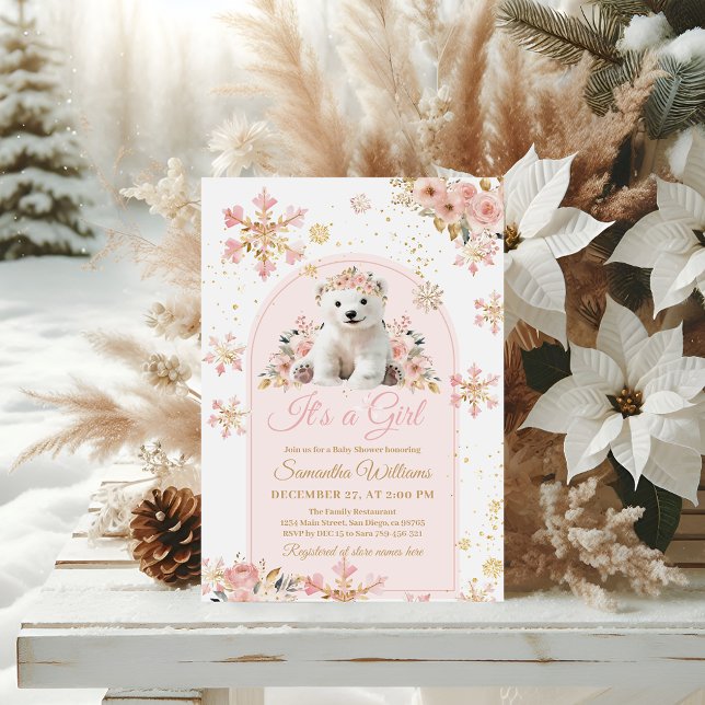 Boho Pink Winter Bear Its a Girl Baby Shower Invitation (Creator Uploaded)