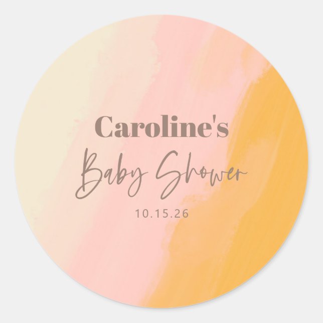 Boho Pink Yellow Script Custom Baby Shower  Classic Round Sticker (Front)