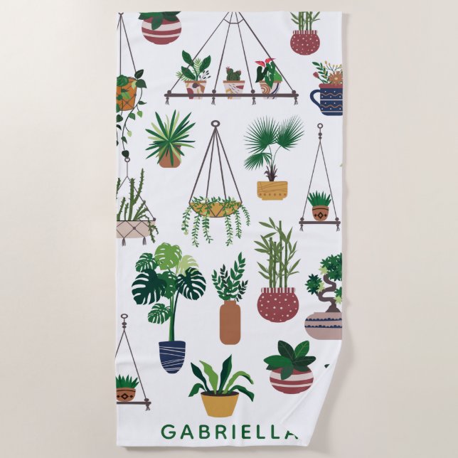 Boho Plant Lady Illustration Art Personalized Beach Towel (Front)