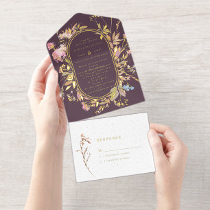 Boho Plum & Gold Wildflower Frame Wedding All In One Invitation