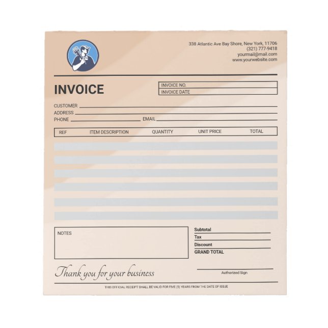 Boho Plumber / Electrician (Generic) Invoice  Notepad (Front)