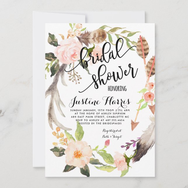 Boho plumes nuptiale douche Invitation (Devant)