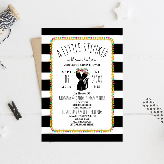 Boho Pom Poms Skunk Little Stinker Baby Shower Invitation (Creator Uploaded)