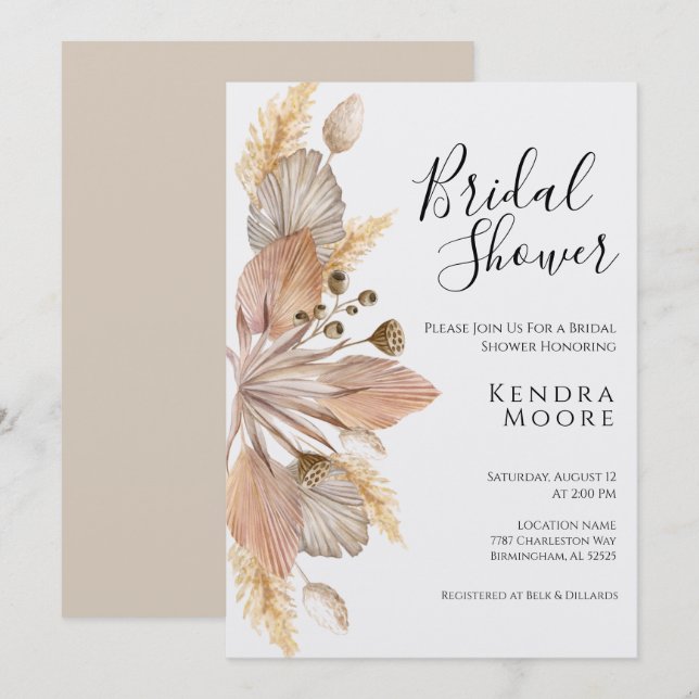 Boho Pompas Grass Bridal Shower Invitation (Front/Back)