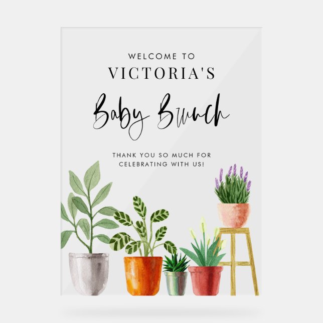 Boho Potted Houseplants Baby Brunch Welcome Acrylic Sign (Front)