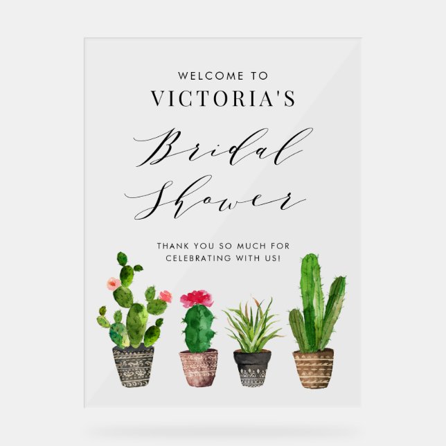 Boho Potted Succulents and Cactus Bridal Shower Acrylic Sign (Front)