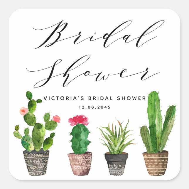 Boho Potted Succulents and Cactus Bridal Shower Square Sticker (Front)