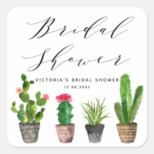 Boho Potted Succulents and Cactus Bridal Shower Square Sticker
