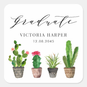 Boho Potted Succulents and Cactus Graduation Square Sticker