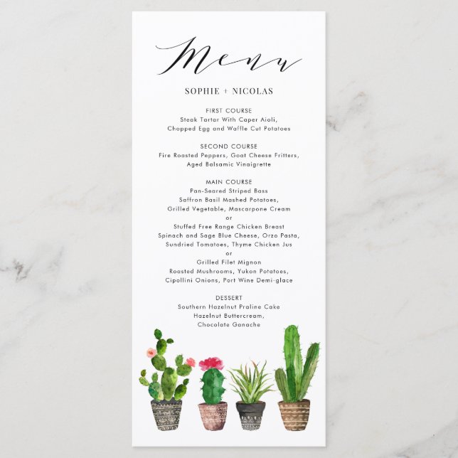 Boho Potted Succulents and Cactus Summer Wedding Menu (Front)