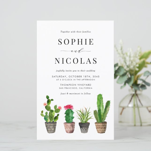 Boho Potted Succulents and Cactus Wedding Invite (Standing Front)