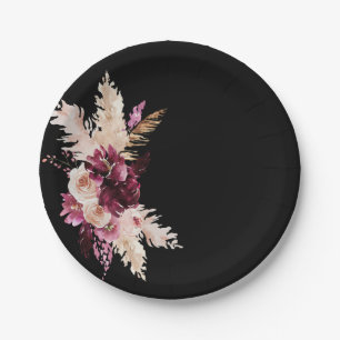 Boho Premium Roses Burgundy Black Wedding  Paper Plate