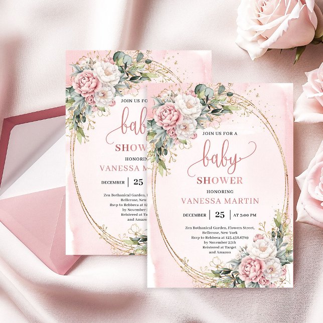 Boho Pretty Blush Floral Greenery Girl Baby Shower Invitation (Pretty Blush Floral Greenery Girl Baby Shower Invite)
