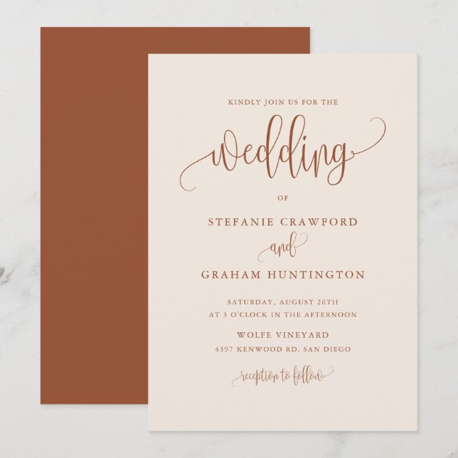 Boho Pretty Calligraphy Script Terracotta Wedding Invitation (Front/Back)