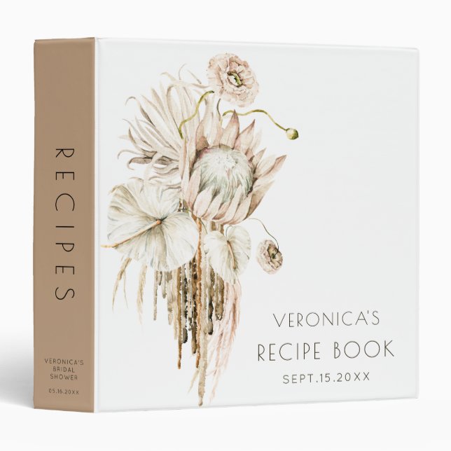Boho Protea Pampas Grass Bridal Shower Recipe Book Binder (Front/Spine)