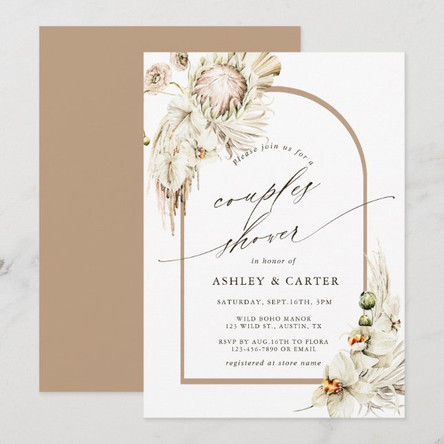 Boho Protea Pampas Grass Floral Couples Shower  Invitation (Front/Back)