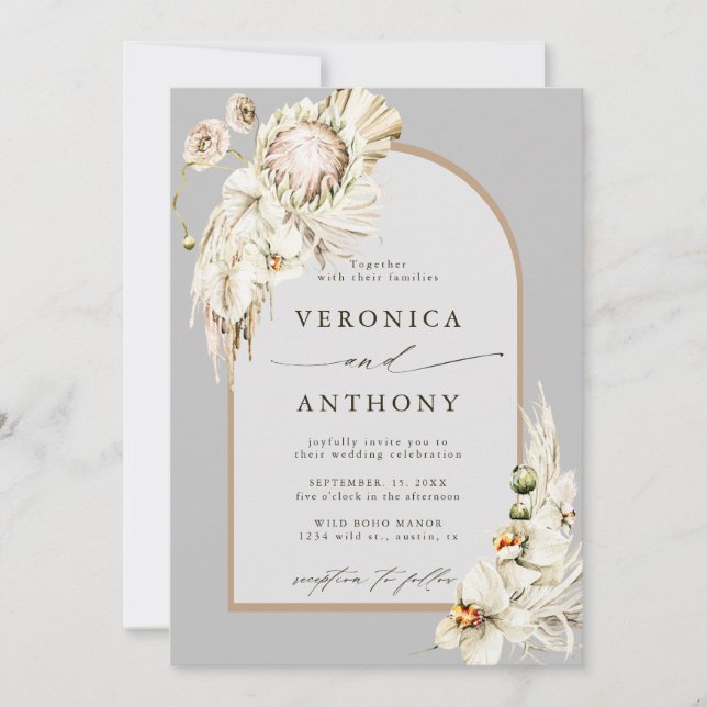 Boho Protea Pampas Grass Floral Grey Wedding Invitation (Front)