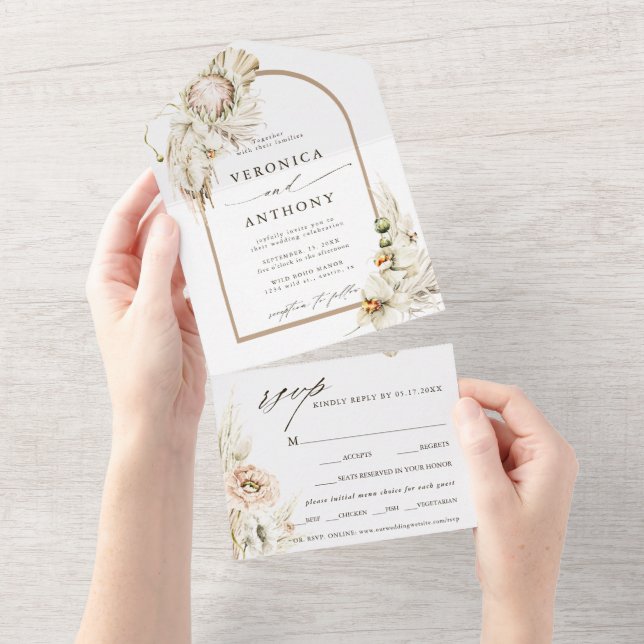 Boho Protea Pampas Grass Floral Wedding  All In One Invitation (Tearaway)