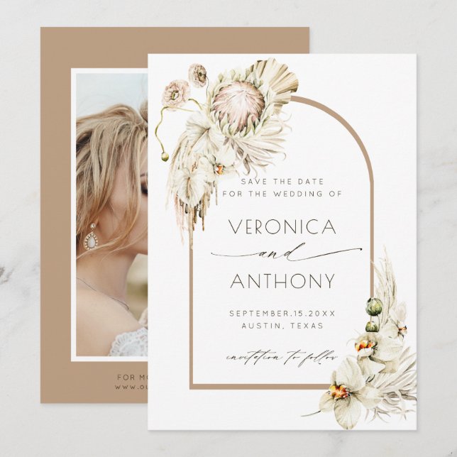 Boho Protea Pampas Grass Floral Wedding Photo Save The Date (Front/Back)