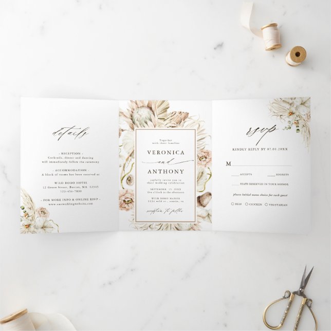Boho Protea Pampas Grass Floral Wedding Photo Tri-Fold Invitation (Inside)