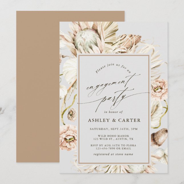 Boho Protea Pampas Grass Grey Engagement Party Invitation (Front/Back)