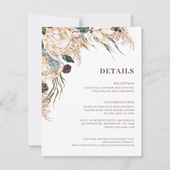 Boho Protea Pampas Grass Mariage Détails Carte (Devant)