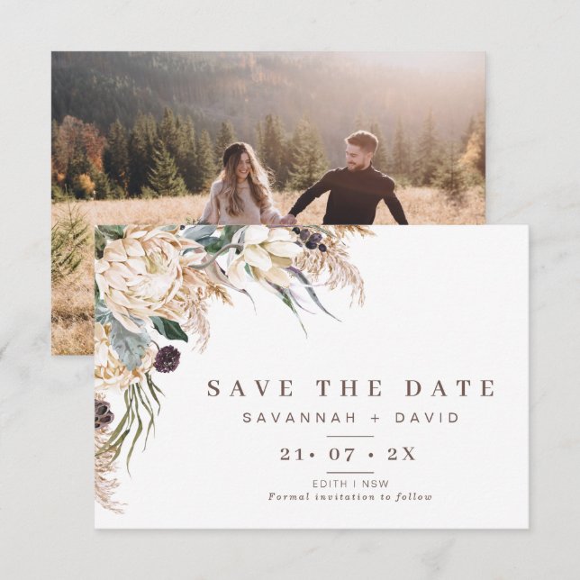 Boho Protea Pampas Wedding Save The Date Card (Front/Back)