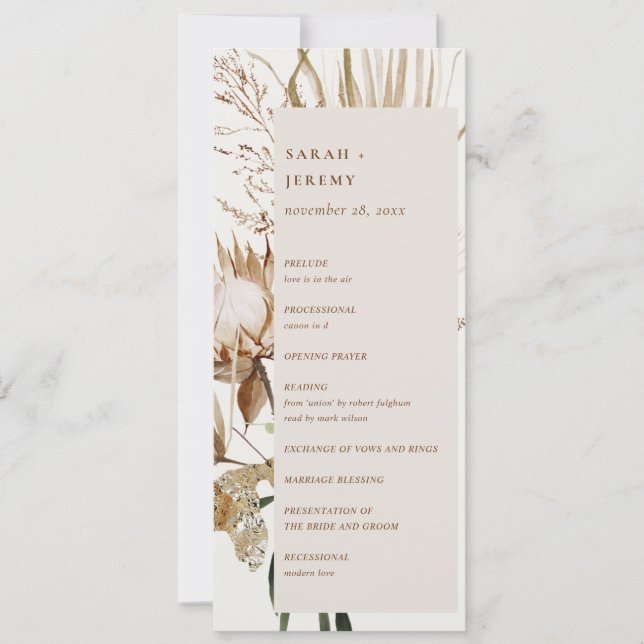 Boho Protea séché Palm Floral Wedding Programme (Devant)
