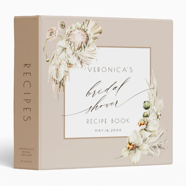 Boho Protea White Orchid Bridal Shower Recipe Book Binder (Front/Spine)