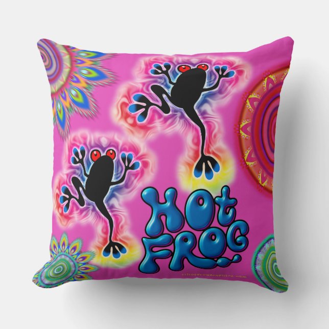 Boho psychedelic hot frog throw cushion cerise (Front)