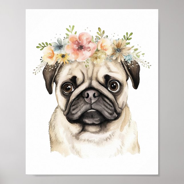 Boho Pug Dog Flower Crown Watercolor Poster (Front)