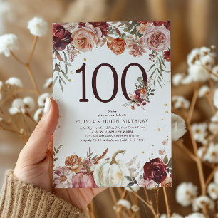 Boho Pumpkin Autumn Bloom 100th Birthday Invitation