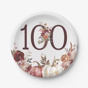 Boho Pumpkin Autumn Bloom 100th Birthday Paper Plate