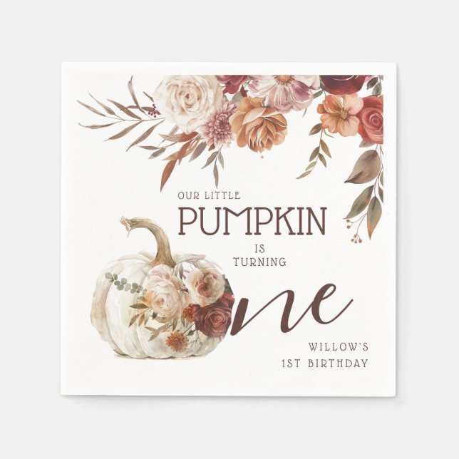 Boho Pumpkin Autumn Bloom 1st Birthday Napkin (Front)