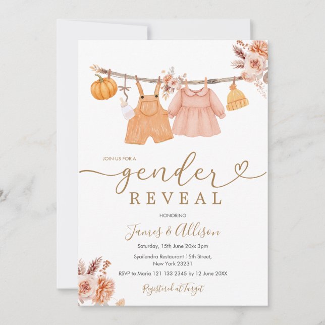  Boho Pumpkin Baby Clothes Gender Reveal Invitation