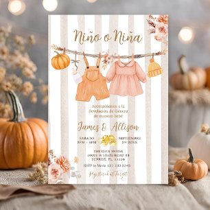 Boho Pumpkin Baby Clothes Spanish Gender Reveal Invitation