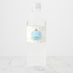 Boho Pumpkin Blue & Gold Baby Boy Shower Water Bottle Label