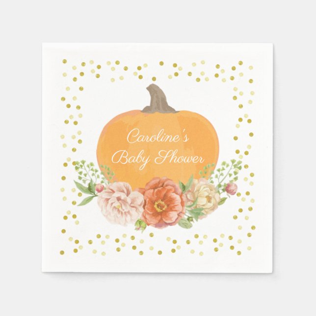 Boho Pumpkin Fall Floral Baby Shower Watercolor Napkin (Front)