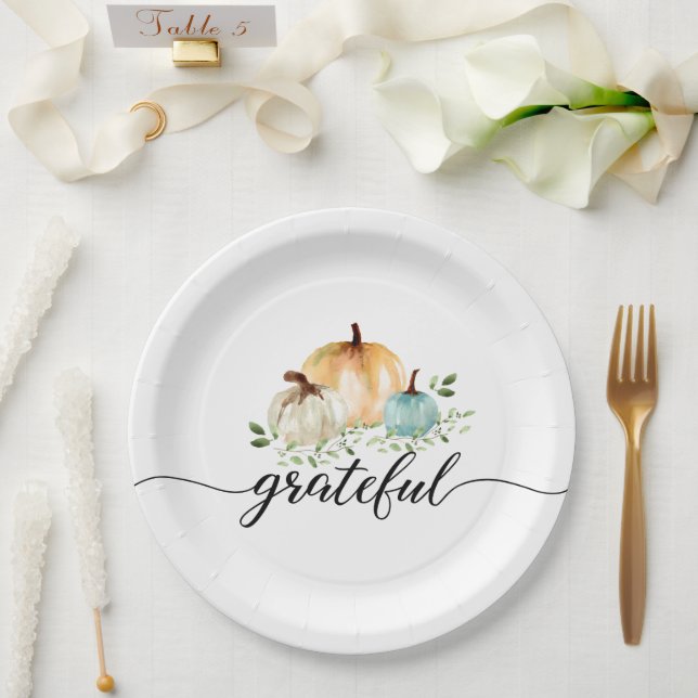 Boho Pumpkin Fall Watercolor Grateful thanksgiving Paper Plate (Wedding)