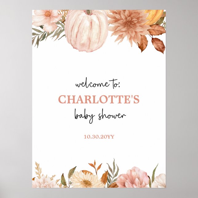 Boho Pumpkin Floral Fall Baby Shower Welcome Sign (Front)