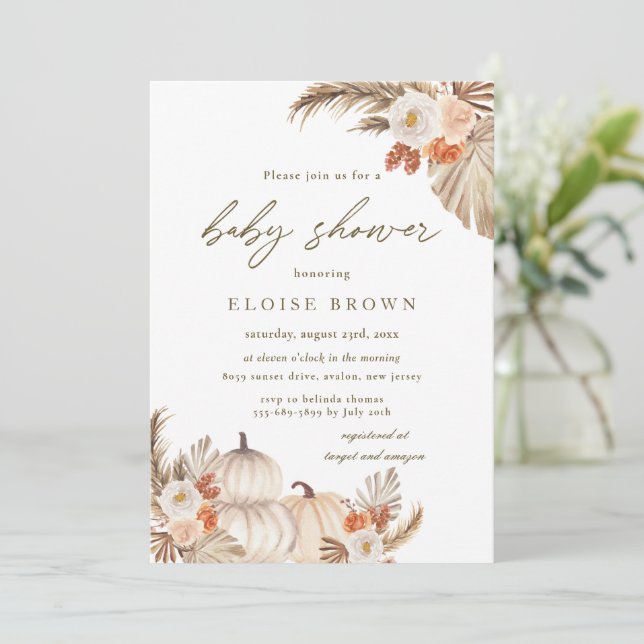 Boho Pumpkin Pampas Grass Autumn Baby Shower   Invitation (Standing Front)