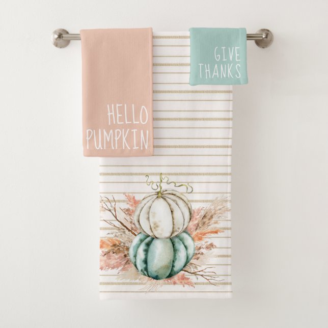 Boho Pumpkin pampas grass French Country Stripes Bath Towel Set (Insitu)