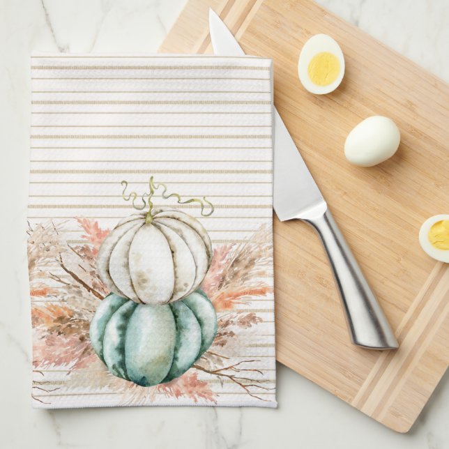 Boho Pumpkin Pampas Grass French Country Stripes  Kitchen Towel (Quarter Fold)
