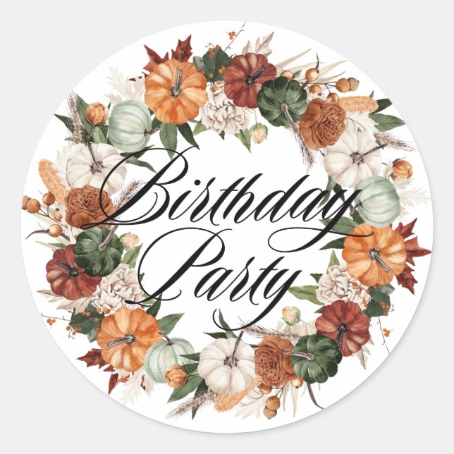 Boho Pumpkins Wreath Autumn Birthday Party Classic Round Sticker (Front)