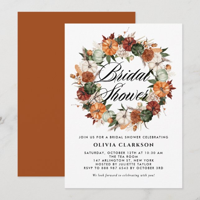 Boho Pumpkins Wreath Autumn Bridal Shower Invitation (Front/Back)