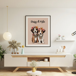 Boho Puppies with Flowers Poster