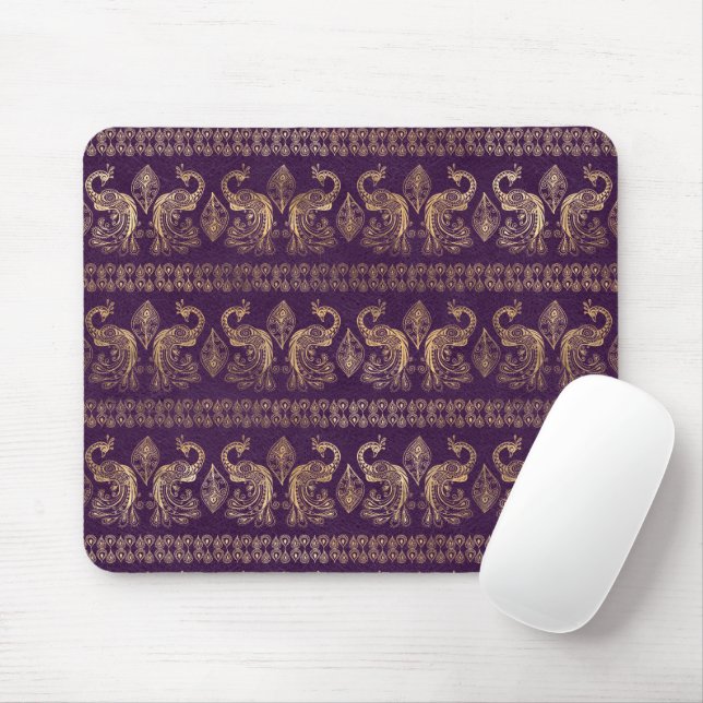 Boho Purple and Gold Peacock Mouse Pad (With Mouse)